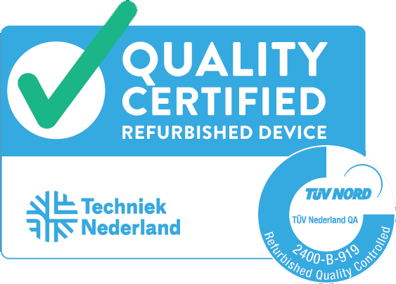 Logo van het keurmerk refurbished. Het logo is een blauw-witte rechthoek met een groen vinkje. Uitgever:  TÜV Nederland.