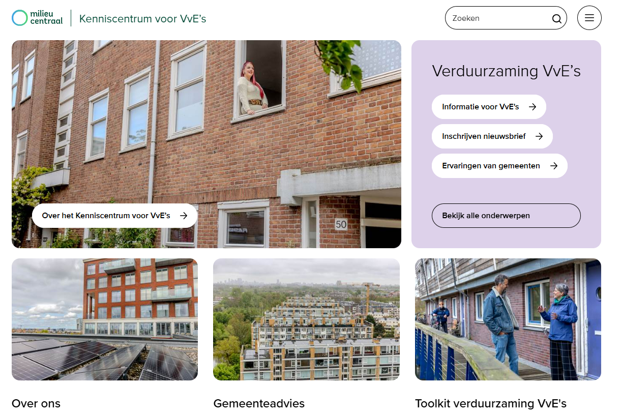 Screenshot van de homepage van het kenniscentrum voor VvE's.